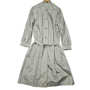VTG Fleet Street 80s Belted Trench Raincoat Silver Metallic Nylon Sz 8